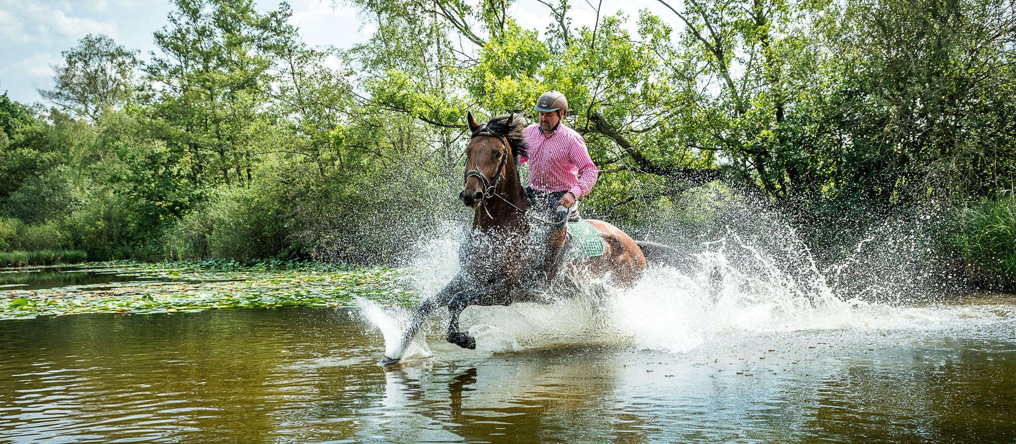 Man te paard rijdt door het water in Nationaal Park De Meinweg, omringd door groen en bos.
