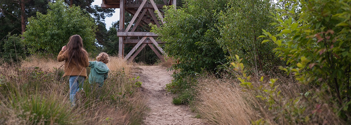 Twee kinderen wandelen over een zandpad door een groene, natuurlijke omgeving richting een houten uitkijktoren.