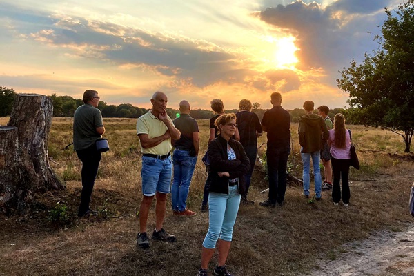 Groep luistert naar de gids en kijkt aandachtig naar de mooie natuur tijdens de golden hour in NP De Meinweg