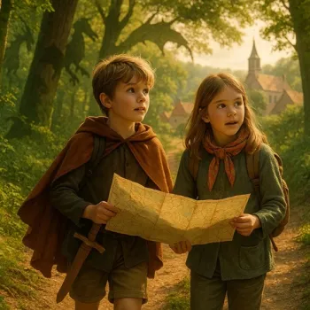 Twee jonge kinderen met een kaart in de hand wandelen door een groen bosrijk pad, verkleed als kleine avonturiers tijdens de Drakenwandeling in Beesel. Op de achtergrond is een dorpje met een kerktoren te zien, en tussen de bomen doemt subtiel de vorm van een draak op. De afbeelding is AI gegenereerd.