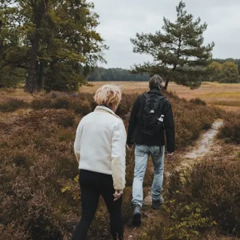 Twee wandelaars lopen over een smal zandpad door een heidegebied met bomen en uitgestrekte velden op de achtergrond.